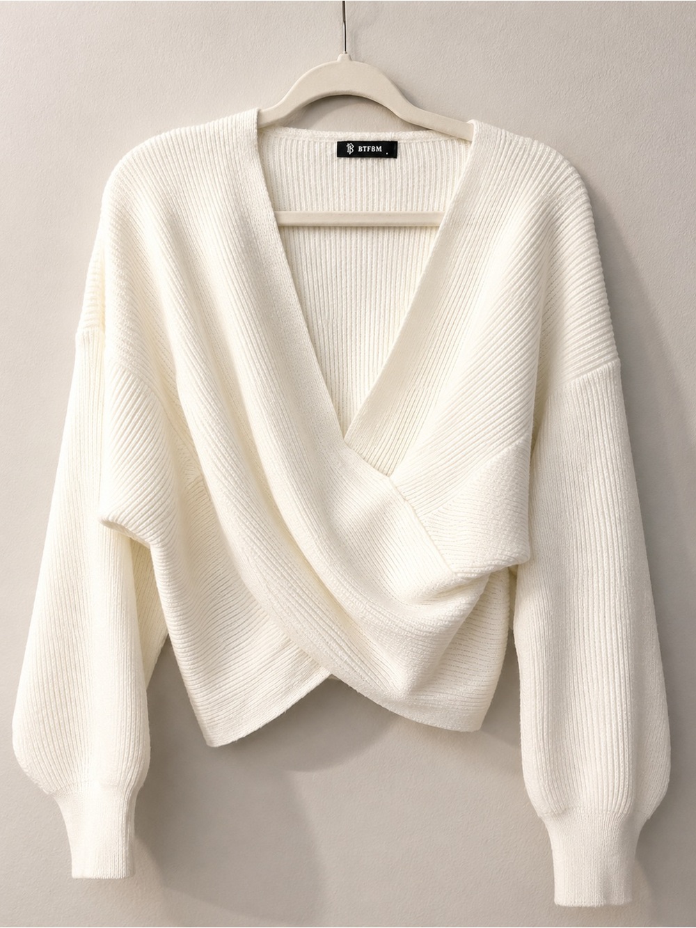 BTFBM Ivory Wrap Sweater Size Large Off Shoulder Ribbed Knit